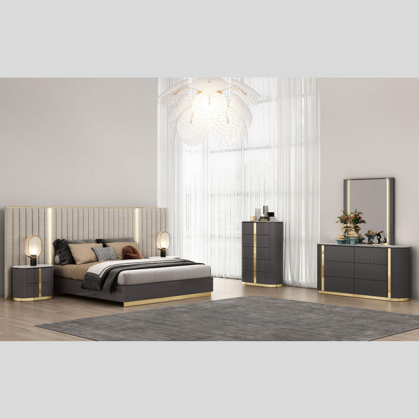 Luxe Elegance Dark Grey Bed Golden Accents